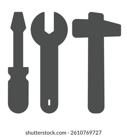Screwdriver with wrench and hammer solid icon, repair service concept. Vector graphics. Repair tools sign on white background, glyph style icon for mobile or web design