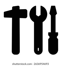 Screwdriver with wrench and hammer solid icon, repair service concept. Vector graphics. Repair tools sign on white background, style mobile or design