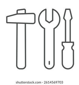 Screwdriver with wrench and hammer thin line icon, repair service concept. Vector graphics. Repair tools sign on white background, linear style icon for mobile or web design