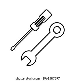 Screwdriver and wrench icon, wrench logo vector, black sign isolated on white, bolt, rust, rust cleaner, tech repair service, settings, fixed sign concept, trendy style simple design.
