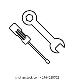 Screwdriver and wrench icon, wrench logo vector, black sign isolated on white, bolt, rust, rust cleaner, tech repair service, settings, fixed sign concept, trendy style simple design.
