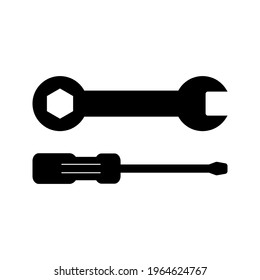 Screwdriver and wrench icon, wrench logo vector, black sign isolated on white, bolt, rust, rust cleaner, tech repair service, settings, fixed sign concept, trendy style simple design.