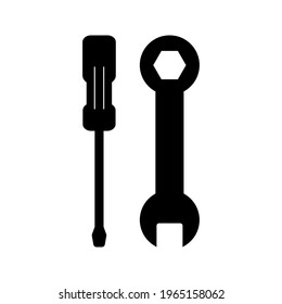Screwdriver and wrench icon, wrench logo vector, black sign isolated on white, bolt, rust, rust cleaner, tech repair service, settings, fixed sign concept, trendy style simple design.