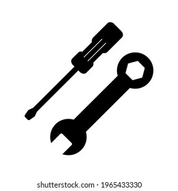 Icono de destornillador y llave, vector del logotipo de la llave, signo negro aislado en blanco, perno, roya, limpiador de óxido, servicio de reparación de tecnología, configuración, concepto de signo fijo, diseño sencillo de estilo moderno.