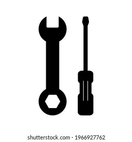 Screwdriver and wrench icon, wrench logo vector, black sign isolated on white, bolt, rust, rust cleaner, tech repair service, settings, fixed sign concept, trendy style simple design.