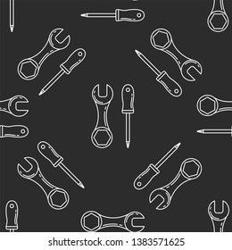 Screwdriver and wrench isolated seamless pattern on dark gray almost black background. llustration on the theme of apartment renovation and tools for repair.