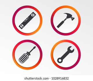 Screwdriver and wrench key tool icons. Bubble level and hammer sign symbols. Infographic design buttons. Circle templates. Vector