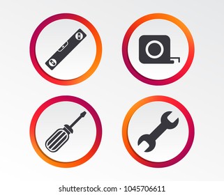 Screwdriver and wrench key tool icons. Bubble level and tape measure roulette sign symbols. Infographic design buttons. Circle templates. Vector