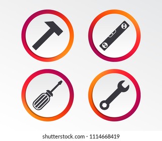 Screwdriver and wrench key tool icons. Bubble level and hammer sign symbols. Infographic design buttons. Circle templates. Vector