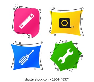 Screwdriver and wrench key tool icons. Bubble level and tape measure roulette sign symbols. Geometric colorful tags. Banners with flat icons. Trendy design. Vector