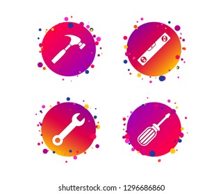Screwdriver and wrench key tool icons. Bubble level and hammer sign symbols. Gradient circle buttons with icons. Random dots design. Vector