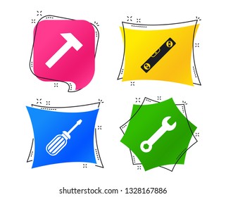 Screwdriver and wrench key tool icons. Bubble level and hammer sign symbols. Geometric colorful tags. Banners with flat icons. Trendy design. Vector