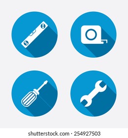 Screwdriver and wrench key tool icons. Bubble level and tape measure roulette sign symbols. Circle concept web buttons. Vector