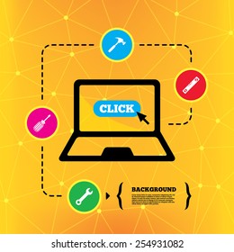 Screwdriver and wrench key tool icons. Bubble level and hammer sign symbols. Notebook device orange background with icons. Vector