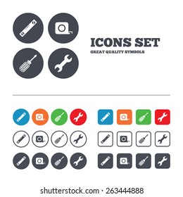 Screwdriver and wrench key tool icons. Bubble level and tape measure roulette sign symbols. Web buttons set. Circles and squares templates. Vector 