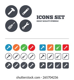 Screwdriver and wrench key tool icons. Bubble level and hammer sign symbols. Web buttons set. Circles and squares templates. Vector