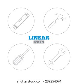 Screwdriver and wrench key tool icons. Bubble level and hammer sign symbols. Linear outline web icons. Vector