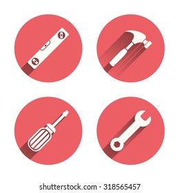 Screwdriver and wrench key tool icons. Bubble level and hammer sign symbols. Pink circles flat buttons with shadow. Vector