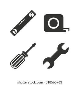 Screwdriver and wrench key tool icons. Bubble level and tape measure roulette sign symbols. Flat icons on white. Vector