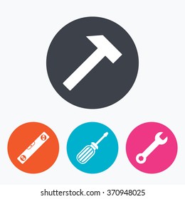 Screwdriver and wrench key tool icons. Bubble level and hammer sign symbols. Circle flat buttons with icon.