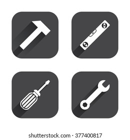 Screwdriver and wrench key tool icons. Bubble level and hammer sign symbols. Square flat buttons with long shadow.