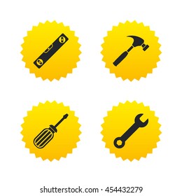 Screwdriver and wrench key tool icons. Bubble level and hammer sign symbols. Yellow stars labels with flat icons. Vector
