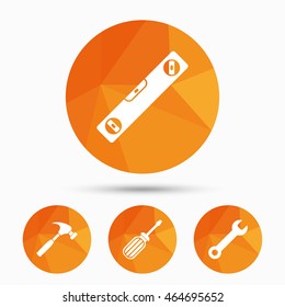 Screwdriver and wrench key tool icons. Bubble level and hammer sign symbols. Triangular low poly buttons with shadow. Vector
