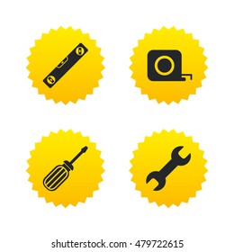 Screwdriver and wrench key tool icons. Bubble level and tape measure roulette sign symbols. Yellow stars labels with flat icons. Vector