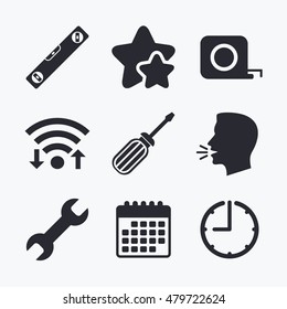 Screwdriver and wrench key tool icons. Bubble level and tape measure roulette sign symbols. Wifi internet, favorite stars, calendar and clock. Talking head. Vector