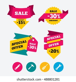 Screwdriver and wrench key tool icons. Bubble level and hammer sign symbols. Web stickers, banners and labels. Sale discount tags. Special offer signs. Vector