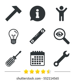Screwdriver and wrench key tool icons. Bubble level and hammer sign symbols. Information, light bulb and calendar icons. Investigate magnifier. Vector