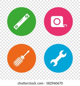 Screwdriver and wrench key tool icons. Bubble level and tape measure roulette sign symbols. Round buttons on transparent background. Vector
