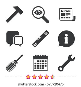 Screwdriver and wrench key tool icons. Bubble level and hammer sign symbols. Newspaper, information and calendar icons. Investigate magnifier, chat symbol. Vector