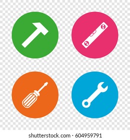 Screwdriver and wrench key tool icons. Bubble level and hammer sign symbols. Round buttons on transparent background. Vector