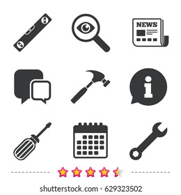 Screwdriver and wrench key tool icons. Bubble level and hammer sign symbols. Newspaper, information and calendar icons. Investigate magnifier, chat symbol. Vector