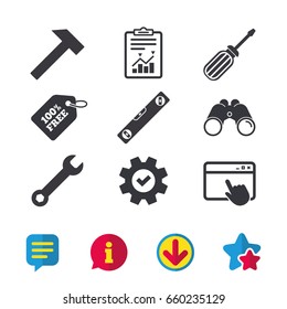 Screwdriver and wrench key tool icons. Bubble level and hammer sign symbols. Browser window, Report and Service signs. Binoculars, Information and Download icons. Stars and Chat. Vector