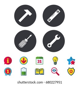 Screwdriver and wrench key tool icons. Bubble level and hammer sign symbols. Calendar, Information and Download signs. Stars, Award and Book icons. Light bulb, Shield and Search. Vector