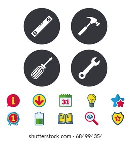 Screwdriver and wrench key tool icons. Bubble level and hammer sign symbols. Calendar, Information and Download signs. Stars, Award and Book icons. Light bulb, Shield and Search. Vector