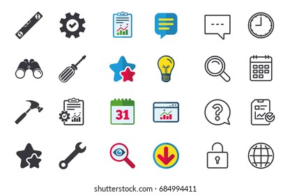 Screwdriver and wrench key tool icons. Bubble level and hammer sign symbols. Chat, Report and Calendar signs. Stars, Statistics and Download icons. Question, Clock and Globe. Vector