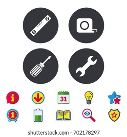 Screwdriver and wrench key tool icons. Bubble level and tape measure roulette sign symbols. Calendar, Information and Download signs. Stars, Award and Book icons. Light bulb, Shield and Search. Vector