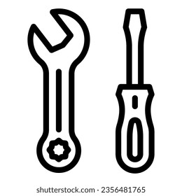 Screwdriver and wrench line icon, construction tools concept, screwdriver and spanner vector sign on white background, outline style icon for mobile concept and web design. Vector graphics