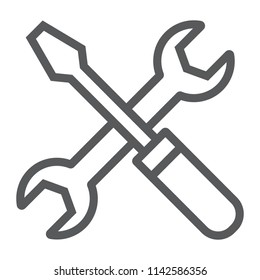 Screwdriver and wrench line icon, settings and repair, service sign, vector graphics, a linear pattern on a white background, eps 10.