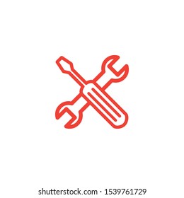 Screwdriver And Wrench Line Red Icon On White Background. Red Flat Style Vector Illustration