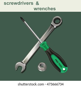 Screwdriver, wrench and nut on a green background.. Vector icon.