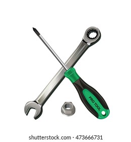 Screwdriver, wrench and nut. Vector icon.