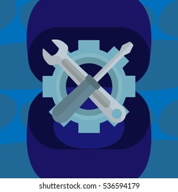 Screwdriver and a wrench on a background of gears icon in box. Vector illustration.