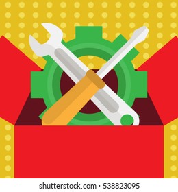 Screwdriver and a wrench on a background of gears icon in box. Vector illustration.