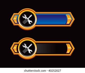 screwdriver and wrench on blue and black arrows