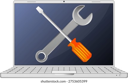 Screwdriver and wrench on laptop screen, repair and service
