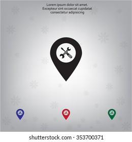 screwdriver and wrench on map pointer. vector illustration.